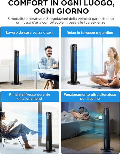 Midea FZ10-17JR Turmventilator Leise mit Fernbedienung 92CM, mobiler Lüfter,Ventilator Säulenventilator,7 Stunden Timer,3 Modi,3 Geschwindigkeiten,45W Standventilator,Schwarz