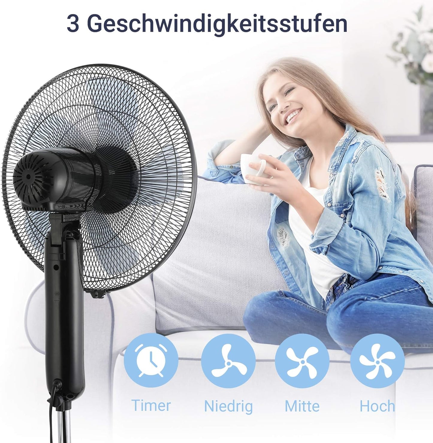 Midea FS40-15FR Standventilator Leise mit Fernbedienung, 3 Geschwindigkeitsstufen,LED Anzeige, 7,5H Timer, höhenverstellbar, 80°Oszil-lationsfunktion, 55W Kraftvoller,Ventilator,Luftzirkulation