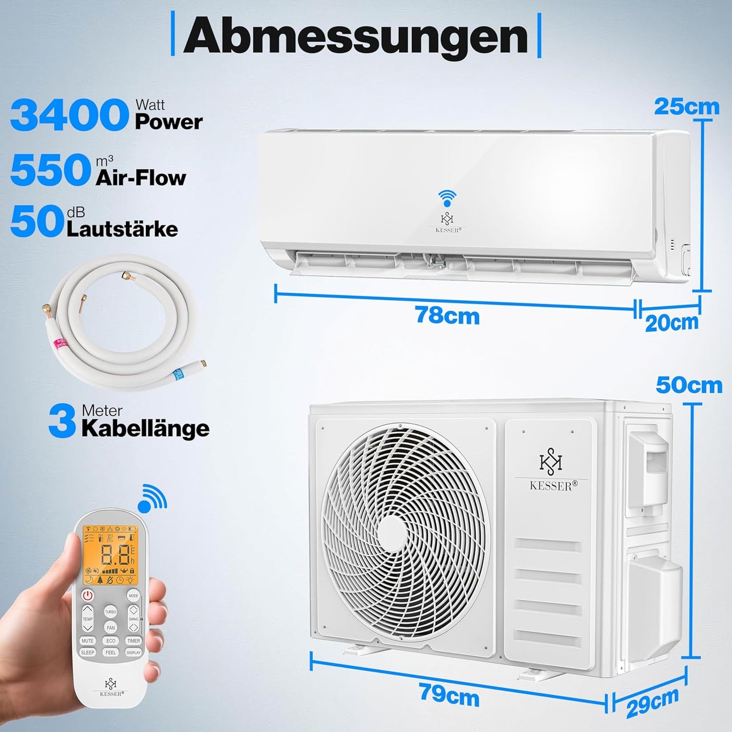 KESSER® Klimaanlage Set Split - mit WiFi/App Funktion Klimagerät - Kühlen A++/ Heizen A+ -12000 BTU/h (3.400 Watt) Kältemittel R32 - Fernbedienung, Timerfunktion - Inkl. komplettem Montagematerial