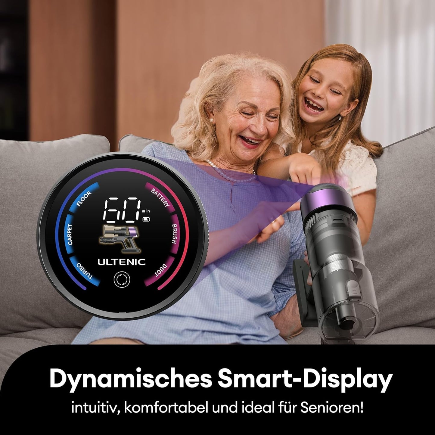 Ultenic U20 Akku Staubsauger, 55000Pa/ 600W/60Min Staubsauger Kabellos Mit Selbststehendes Design, Flexibles Biegegelenk, GreenEye-Technologie, Anti-Tangle Bodenbürste für Hartböden Teppiche Tierhaare