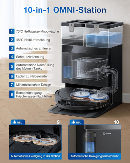 ECOVACS DEEBOT T50 PRO Omni Saugroboter mit Wischfunktion, Ausfahrende Seitenbürste und Wischmopp, 15.000 Pa, T30 PRO OMNI-Upgrade, Auto Zugabe von Reinigungslösung, Moppwäsche mit 75°C heißem Wasser