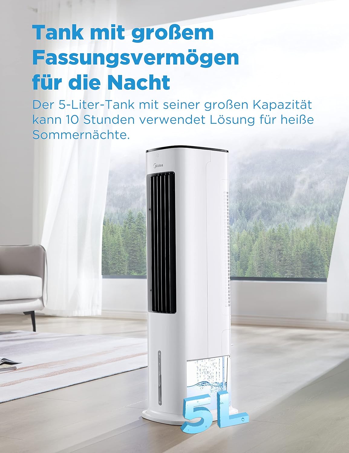 Midea 4-in-1 Mobile Klimaanlage ohne Abluftschlauch | Turmventilator mit Wasserkühlung & Luftbefeuchter | | Luftkühler mobil mit 5L Wassertank, 355m³/h Luftstrom, Ionisation, Fernbedienung (55W, Weiß)