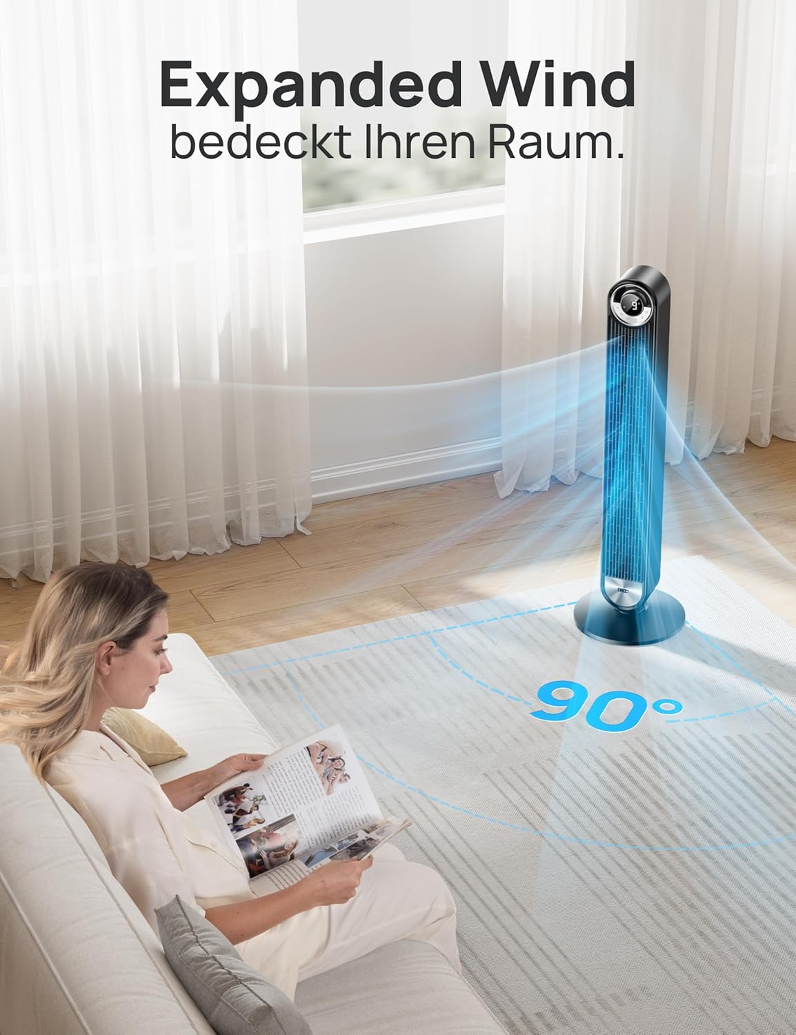 Dreo Smart Leiser Turmventilator mit Kühlung, 106cm WiFi Alexa Tower Fan, 90° oszillierender Ventilator, Fernbedienung 9-Geschwindigkeit 4 Modi 12 Std Timer Sprachsteuerung, Cruiser Pro T2S, Schwarz