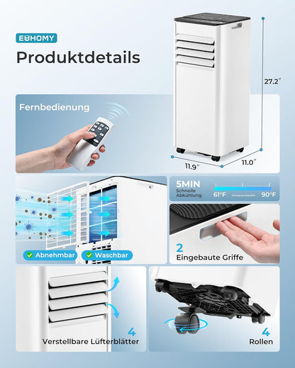 Mobile Klimaanlage 9000 BTU mit Abluftschlauch | 4-in-1 Mobiles Klimagerät | Leiser Betrieb <48 dB | Digitaldisplay + Fernbedienung | Fenster-Installationsset | 24h-Timer | Für Räume bis 25 m²