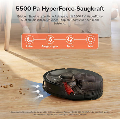 roborock Q8 Max+ Saugroboter mit Absaugstation, DuoRoller-Bürste, 5500Pa Saugkraft, 2,5L Staubbeutel, 350mL Wassertank, Wischroboter PreciSense-LiDAR-Navigation (Schwarz)