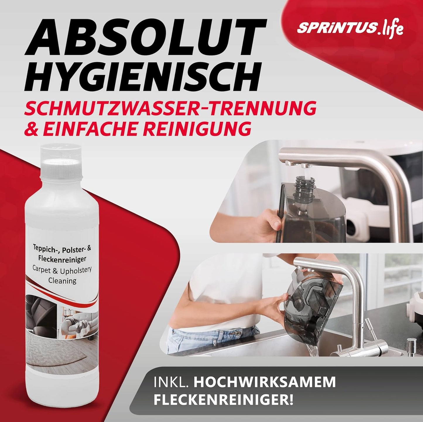SPRiNTUS Nasssauger Polsterreiniger Gerät SPOTTY mit 170mbar Saugleistung für gründliche Reinigung von Teppich, Polster, Tierhaar, Auto & Hartboden I Hygienischer Teppichreiniger Waschsauger [67db]