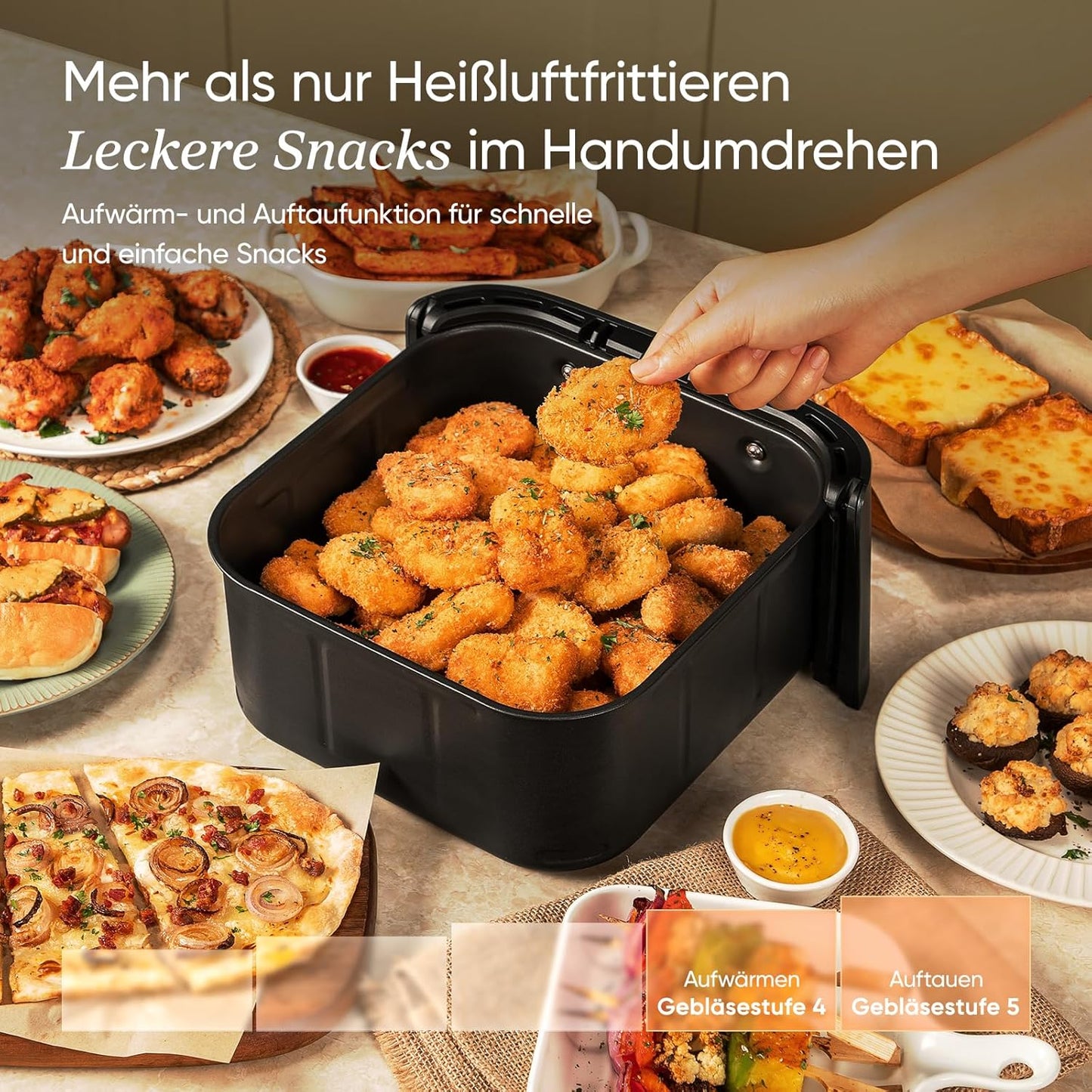 Cosori Turboblaze Airfryer Heißluftfritteuse, 9-in-1 Air Fryer XXL 6L, leiser DC Motor mit 5 Geschwindigkeitsstufen, Grillen, Backen, Gären, Dehydrieren, Tiefkühlen, 87 Rezepte, 64% energiesparend