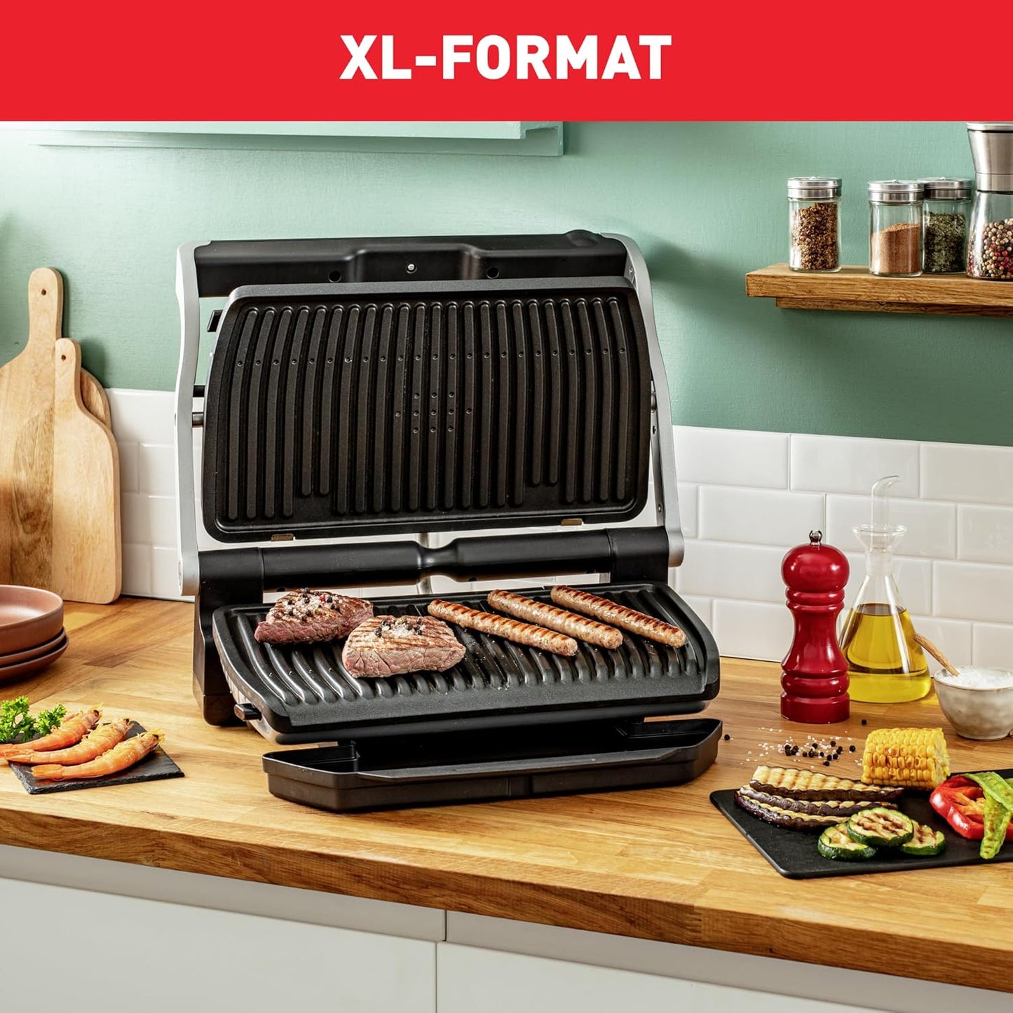 Tefal OptiGrill+ XL Kontaktgrill, 9 Programme, Garstufenanzeige, Abnehmbare XL-Platten, Manueller Modus, Elektrogrill, Edelstahl, GC722D16