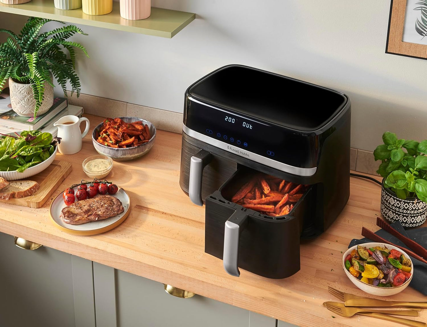 Russell Hobbs Heißluftfritteuse 2 Kammern 9L Rapid AirFryer [2 Fächer je 4,5l, sehr leiser Betrieb, 9 Programme] SatisFry Fritteuse (spülmaschinenfest, Match & Synchronisierungsfunktion) 27681-56