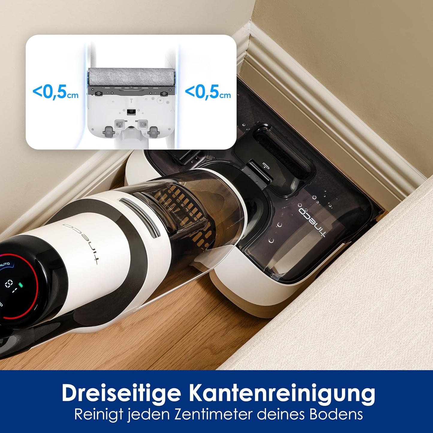Tineco Floor One Stretch S6 Nass Trockensauger, 180°-Flachdesign Saugwischer 13cm Liegehöhe, 70°C 5min FlashDry Selbstreinigung, 3-Seitige Kantenreinigung 40min Laufzeit Reinigung unter tiefen Möbeln