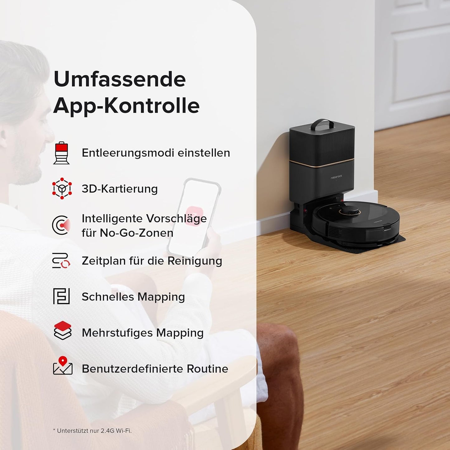 roborock Q8 Max+ Saugroboter mit Absaugstation, DuoRoller-Bürste, 5500Pa Saugkraft, 2,5L Staubbeutel, 350mL Wassertank, Wischroboter PreciSense-LiDAR-Navigation (Schwarz)