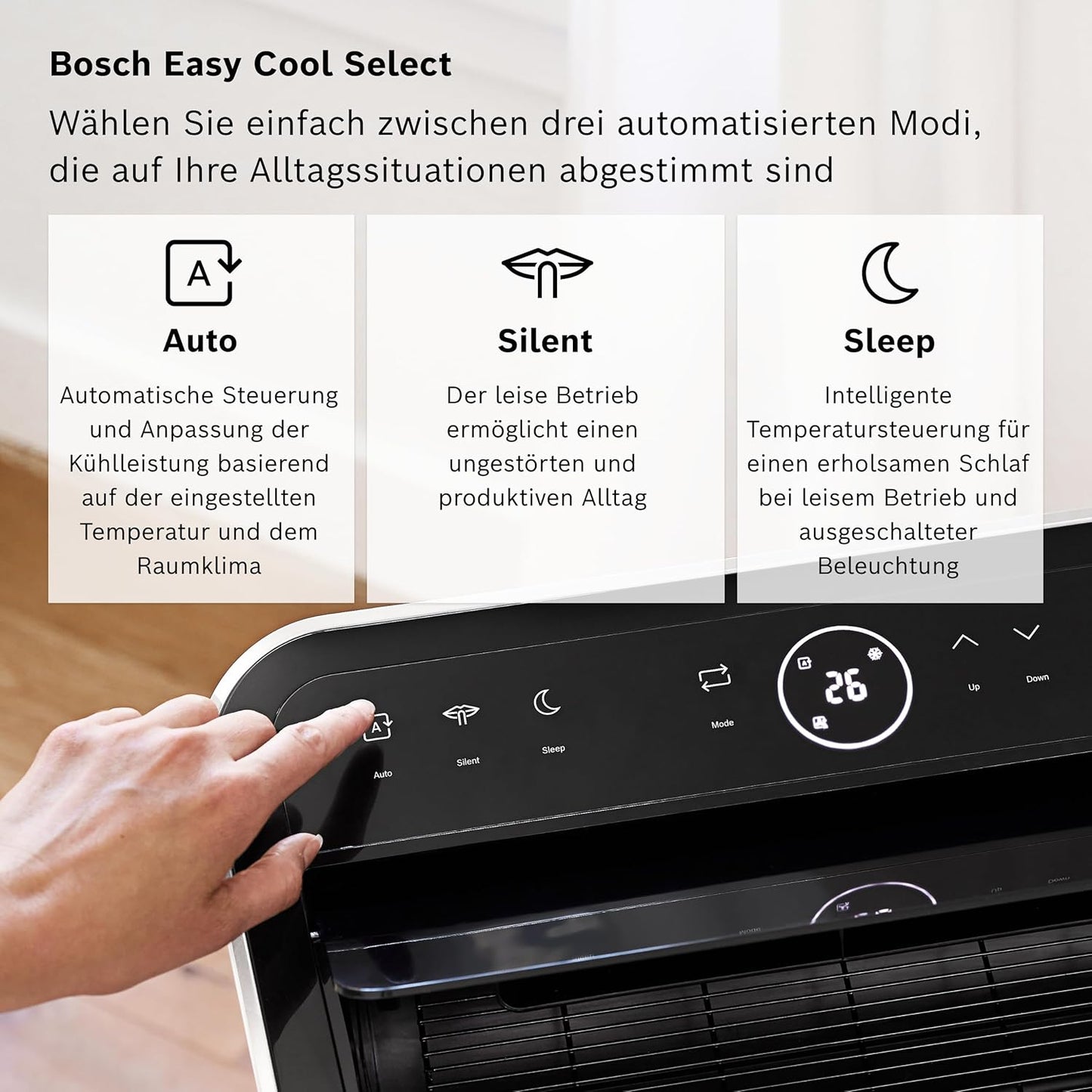 Bosch Cool 5000 Mobiles Klimagerät - 3-in-1 Klimaanlage, Luftentfeuchter, Ventilator - 3,4 kW für Räume bis zu 46 m² - Mit Auto-Modus, Silent-Modus & Sleep-Modus