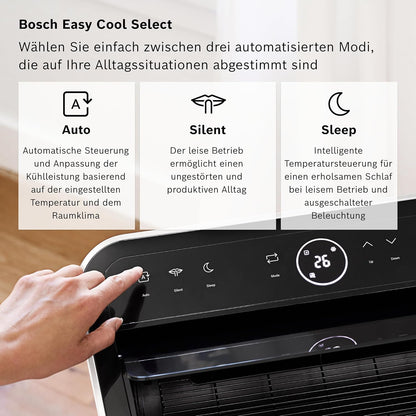Bosch Cool 5000 Mobiles Klimagerät - 3-in-1 Klimaanlage, Luftentfeuchter, Ventilator - 3,4 kW für Räume bis zu 46 m² - Mit Auto-Modus, Silent-Modus & Sleep-Modus