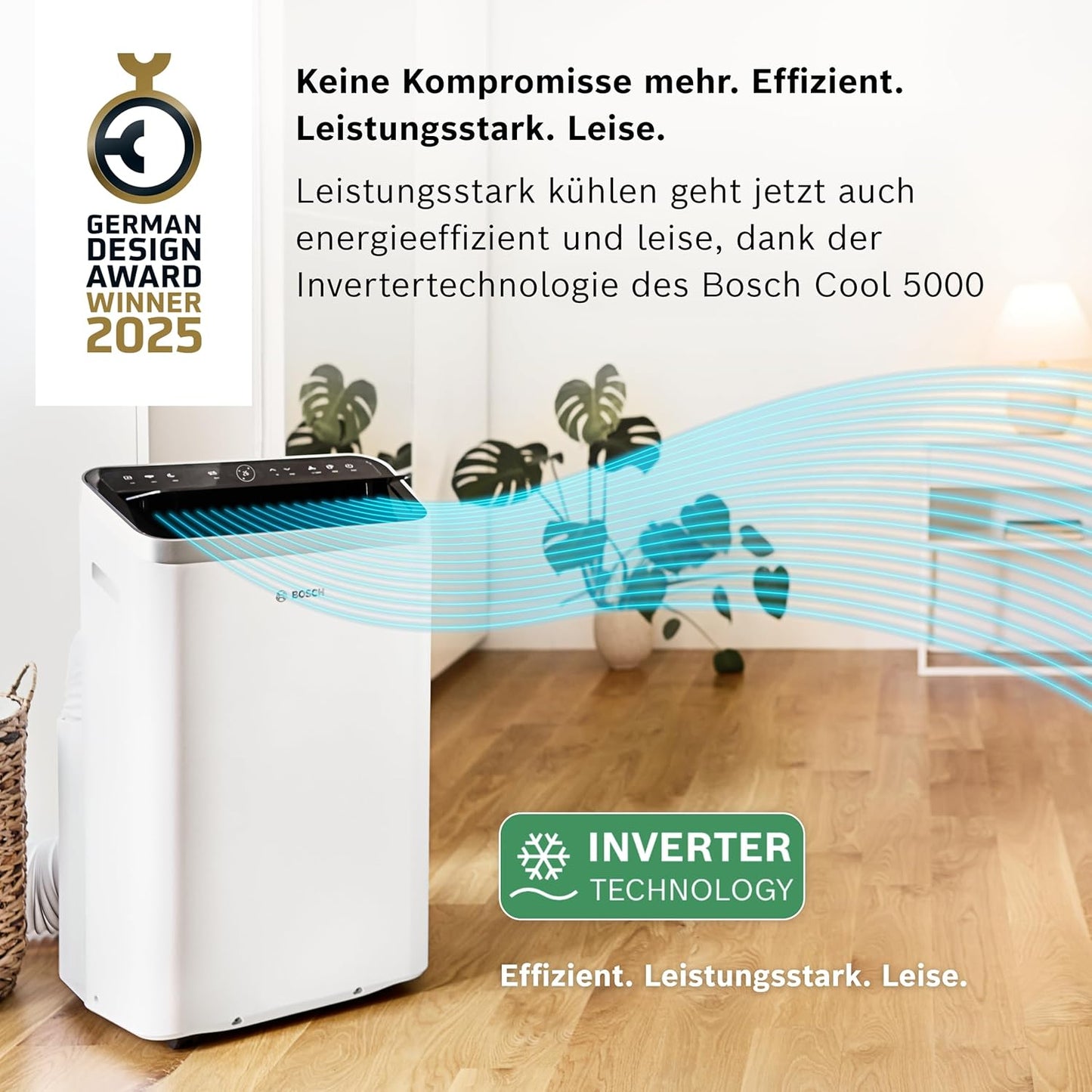 Bosch Cool 5000 Mobiles Klimagerät - 3-in-1 Klimaanlage, Luftentfeuchter, Ventilator - 3,4 kW für Räume bis zu 46 m² - Mit Auto-Modus, Silent-Modus & Sleep-Modus