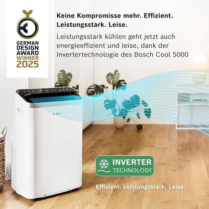 Bosch Cool 5000 Mobiles Klimagerät - 3-in-1 Klimaanlage, Luftentfeuchter, Ventilator - 3,4 kW für Räume bis zu 46 m² - Mit Auto-Modus, Silent-Modus & Sleep-Modus