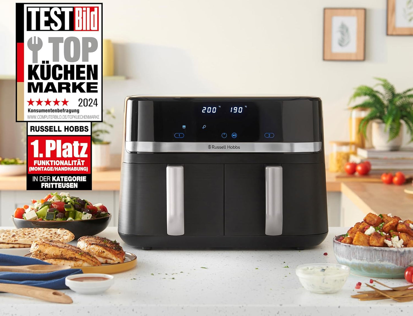 Russell Hobbs Heißluftfritteuse 2 Kammern 9L Rapid AirFryer [2 Fächer je 4,5l, sehr leiser Betrieb, 9 Programme] SatisFry Fritteuse (spülmaschinenfest, Match & Synchronisierungsfunktion) 27681-56