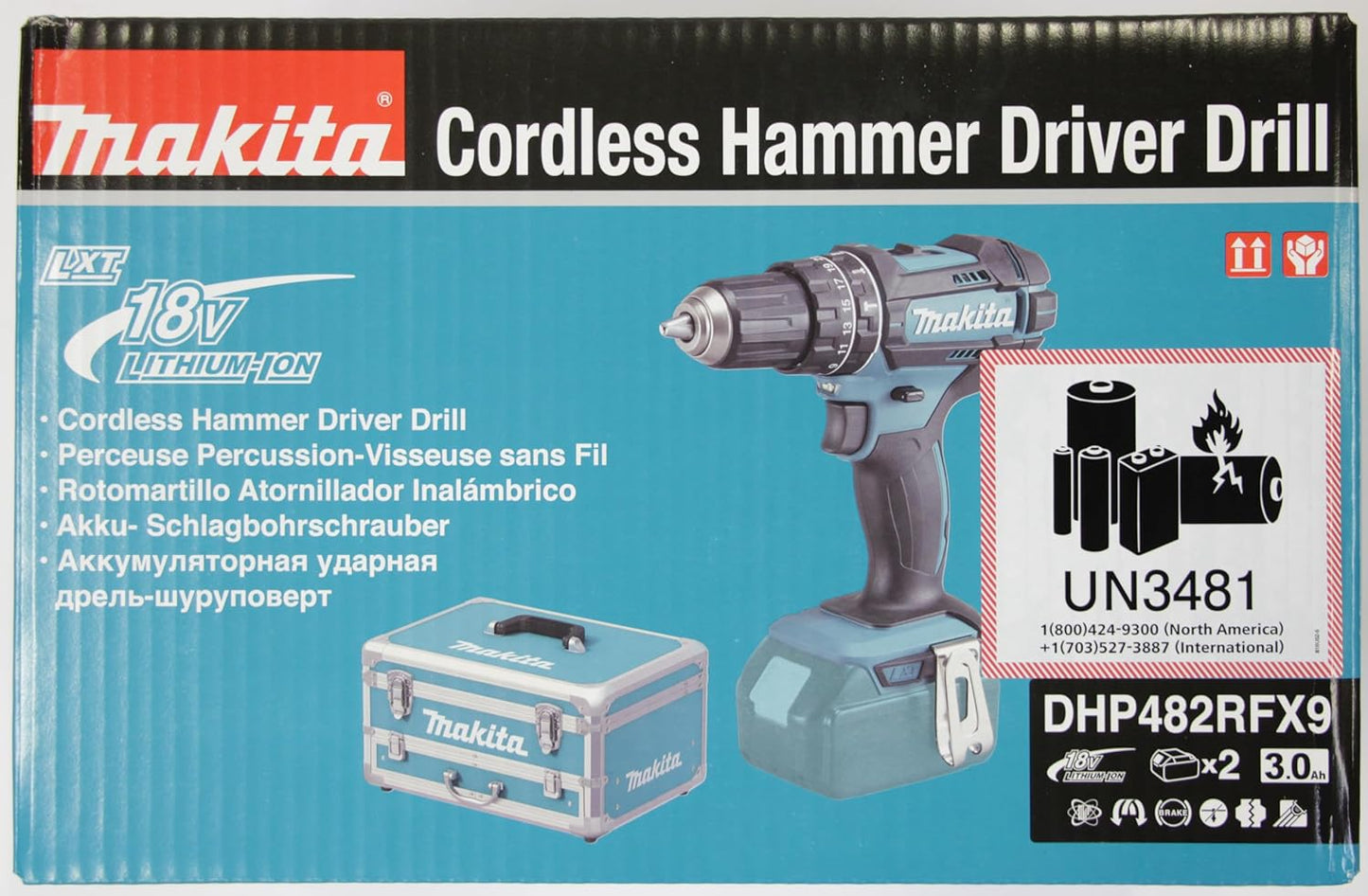 Makita DHP482RFX9 Schlagbohrschrauber 18V / 3,0 Ah, 2 Akkus plus Ladegerät im Alukoffer, Petrol, 96-tlg. Zubehör-Set