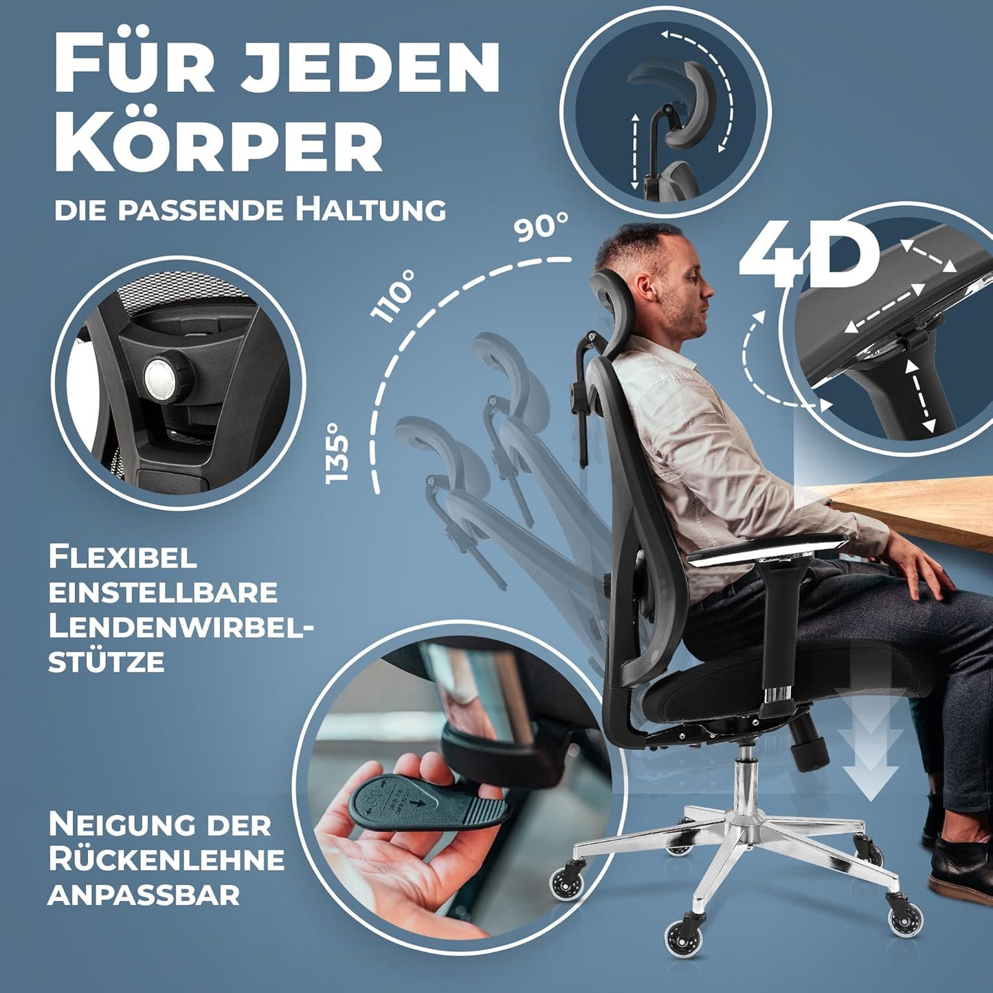 CLOUVOU CleverSeat Bürostuhl Ergonomisch [TESTSIEGER] Schreibtischstuhl 100% individuell einstellbar | Büro Stuhl & Gaming Stuhl | Computerstuhl Home Office Chair Ergonomic | Drehstuhl 150 kg