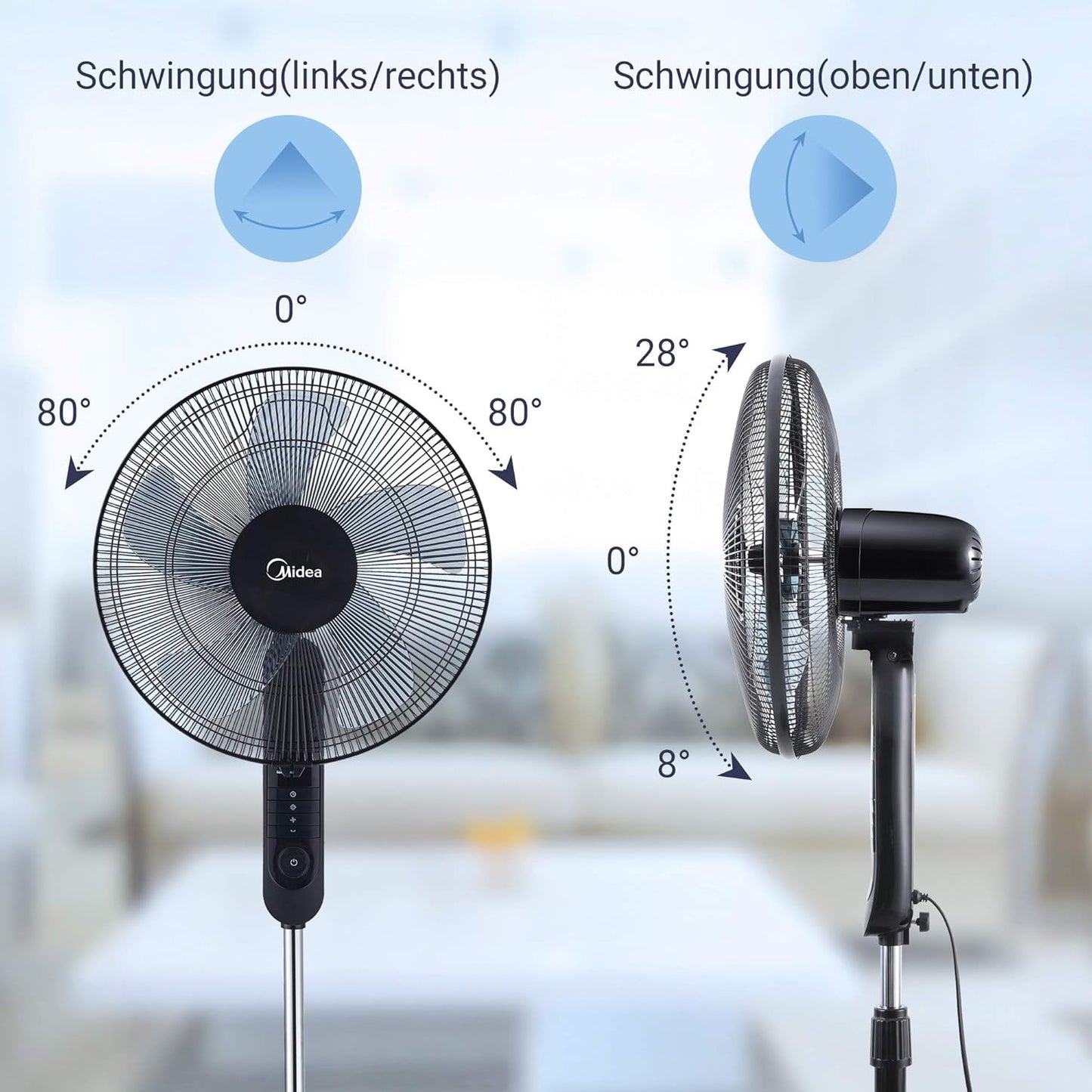 Midea FS40-15FR Standventilator Leise mit Fernbedienung, 3 Geschwindigkeitsstufen,LED Anzeige, 7,5H Timer, höhenverstellbar, 80°Oszil-lationsfunktion, 55W Kraftvoller,Ventilator,Luftzirkulation
