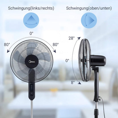 Midea FS40-15FR Standventilator Leise mit Fernbedienung, 3 Geschwindigkeitsstufen,LED Anzeige, 7,5H Timer, höhenverstellbar, 80°Oszil-lationsfunktion, 55W Kraftvoller,Ventilator,Luftzirkulation