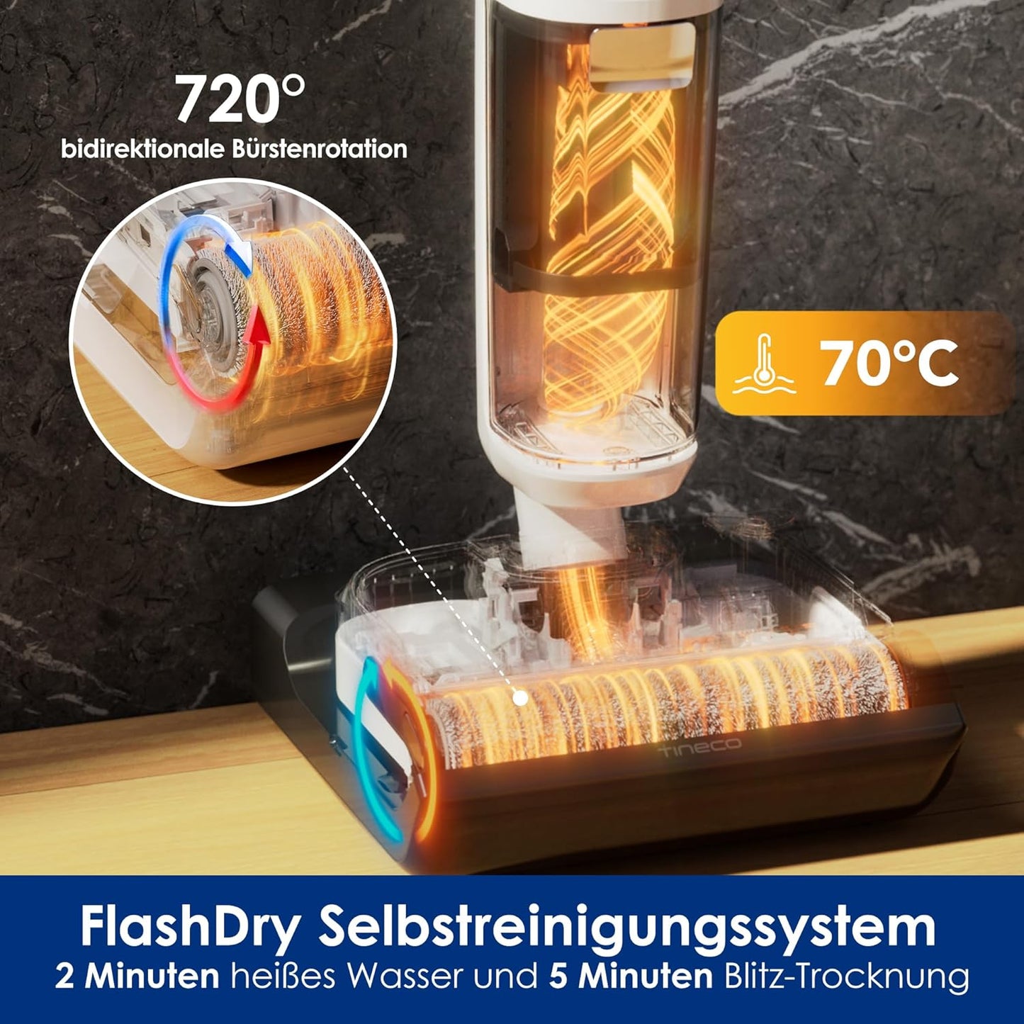 Tineco Floor One Stretch S6 Nass Trockensauger, 180°-Flachdesign Saugwischer 13cm Liegehöhe, 70°C 5min FlashDry Selbstreinigung, 3-Seitige Kantenreinigung 40min Laufzeit Reinigung unter tiefen Möbeln