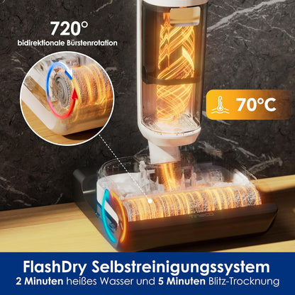 Tineco Floor One Stretch S6 Nass Trockensauger, 180°-Flachdesign Saugwischer 13cm Liegehöhe, 70°C 5min FlashDry Selbstreinigung, 3-Seitige Kantenreinigung 40min Laufzeit Reinigung unter tiefen Möbeln
