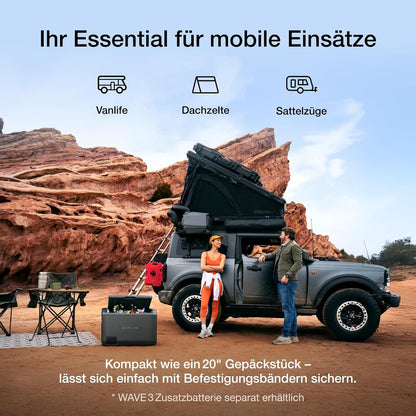 ECOFLOW WAVE 3 Tragbare Klimaanlage, 1800 W/6100 BTU Kühlen, 2000 W/6800 BTU Heizen, 1000 W Schnellladen (75 Min.), 8 Std. Akkulaufzeit, App-Steuerung, Mobile Klimaanlage für Camping, Wohnmobile, SUVs