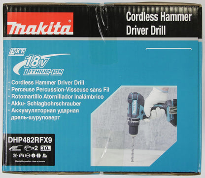 Makita DHP482RFX9 Schlagbohrschrauber 18V / 3,0 Ah, 2 Akkus plus Ladegerät im Alukoffer, Petrol, 96-tlg. Zubehör-Set