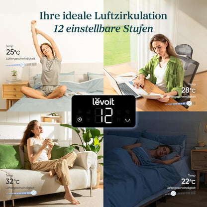 Levoit - DC Motor Turmventilator - 20dB sehr leiser Ventilator - 4 Modi/12 Stufen/12 Std Timer - Fan mit Fernbedienung & Kühlung - Tower Fan mit 7,9m/s Geschwindigkeit - 24W Standventilator