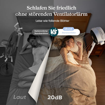Levoit DC Motor Standventilator, 20dB sehr leiser Ventilator, 30m Wurfweite, 2465m³/h Luftvolumen, Fan mit Fernbedienung & Kühlung, Stand Ventilatoren mit 4 Modi/12 Stufen/12 Std Timer