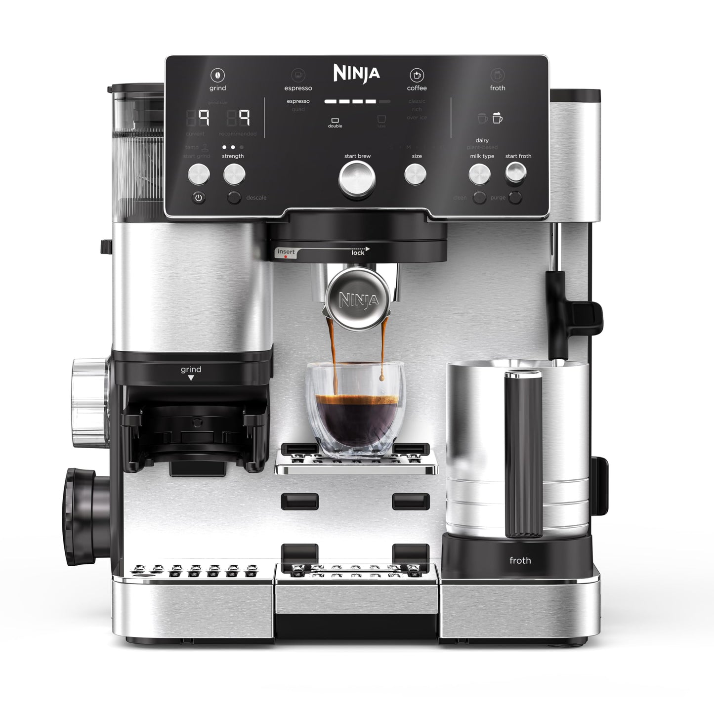 Ninja Luxe Premier 3-in-1-Kaffeemaschine mit Mahlwerk und Aufschäumer für Latte, Cappuccino, Cold Brew & Espresso, einfache Handhabung, 4 Voreinstellungen zum Aufschäumen, Silber, ES601EU