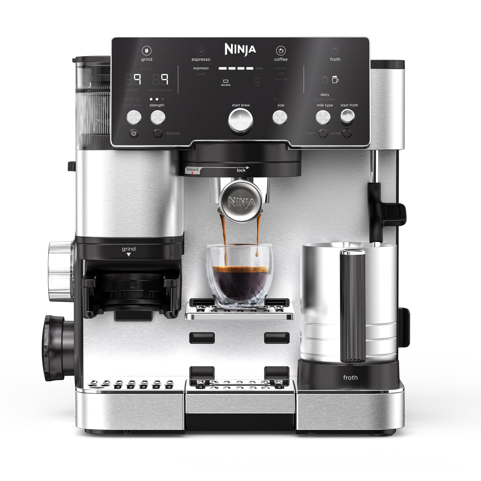 Ninja Luxe Premier 3-in-1-Kaffeemaschine mit Mahlwerk und Aufschäumer für Latte, Cappuccino, Cold Brew & Espresso, einfache Handhabung, 4 Voreinstellungen zum Aufschäumen, Silber, ES601EU