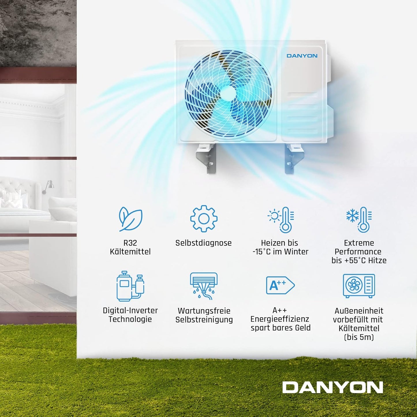 Danyon Klimaanlage Split - 12000 BTU - 3,4 kW, Selbstreinigung, leise, Smart Home, Inverter Klimagerät mit Heizfunktion, Splitgerät vorgefüllt mit R32 Kältemittel, Timer, bis 59 m2, 5m Komplettset