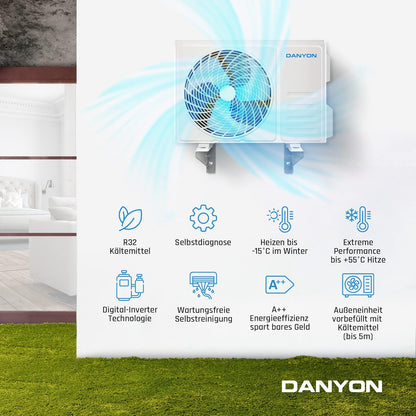 Danyon Klimaanlage Split - 12000 BTU - 3,4 kW, Selbstreinigung, leise, Smart Home, Inverter Klimagerät mit Heizfunktion, Splitgerät vorgefüllt mit R32 Kältemittel, Timer, bis 59 m2, 5m Komplettset