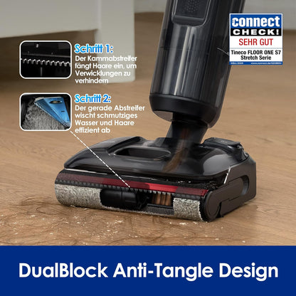 Tineco Floor ONE S7 Stretch Ultra Nass Trockensauger, 180° Lay-Flat Nasssauger, 85°C 5 Min Flashdry-Selbstreinige, 50 Min Laufzeit, DualBlock Anti-Tangle, Beide Kantenreinigen, Reinigen unter Möbeln