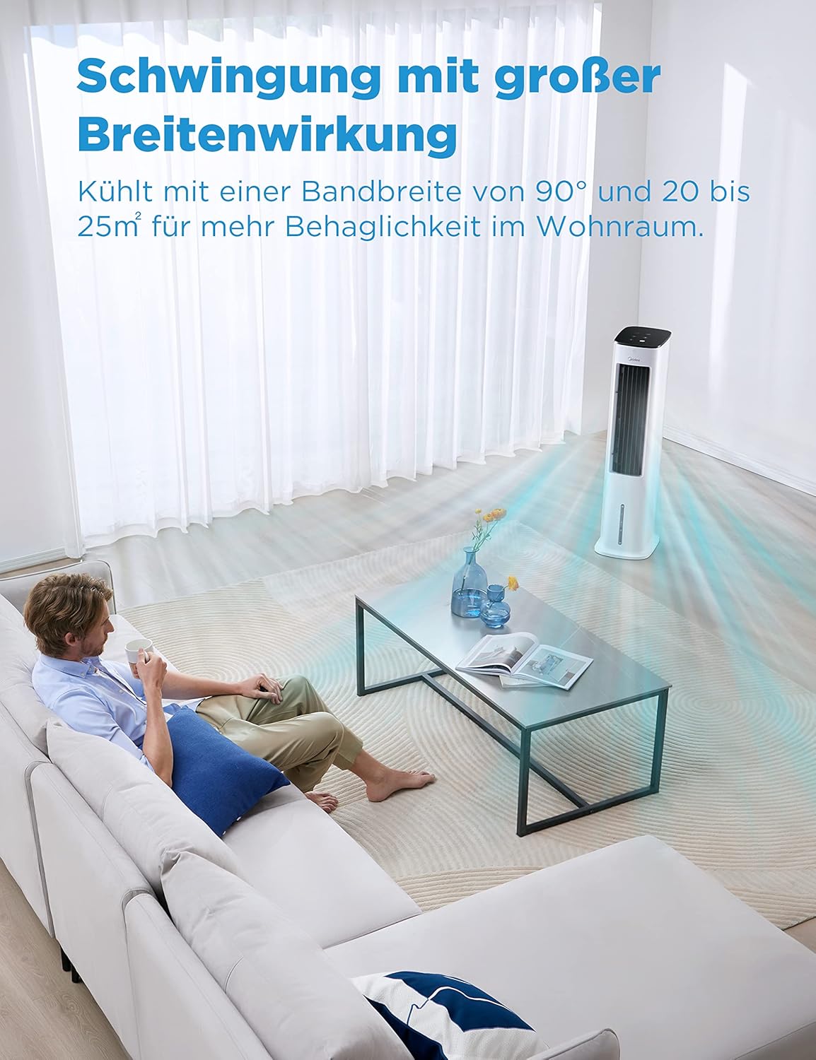 Midea 4-in-1 Mobile Klimaanlage ohne Abluftschlauch | Turmventilator mit Wasserkühlung & Luftbefeuchter | | Luftkühler mobil mit 5L Wassertank, 355m³/h Luftstrom, Ionisation, Fernbedienung (55W, Weiß)