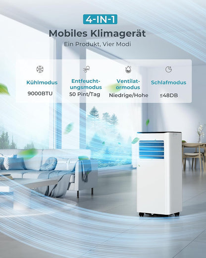 Mobile Klimaanlage 9000 BTU mit Abluftschlauch | 4-in-1 Mobiles Klimagerät | Leiser Betrieb <48 dB | Digitaldisplay + Fernbedienung | Fenster-Installationsset | 24h-Timer | Für Räume bis 25 m²
