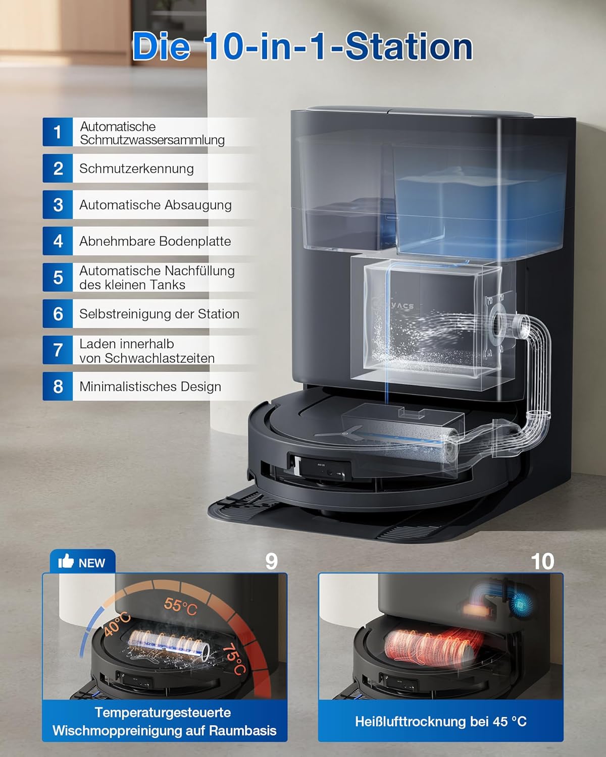 ECOVACS DEEBOT T80 Omni Saugroboter mit Wischfunktion, 18.000 Pa, OZMO Roller Wischwalze mit kontinuierlicher Frischwasser-Selbstreinigung, ZeroTangle 3.0,Moppwäsche mit 40-75℃ heißem Wasser, Schwarz