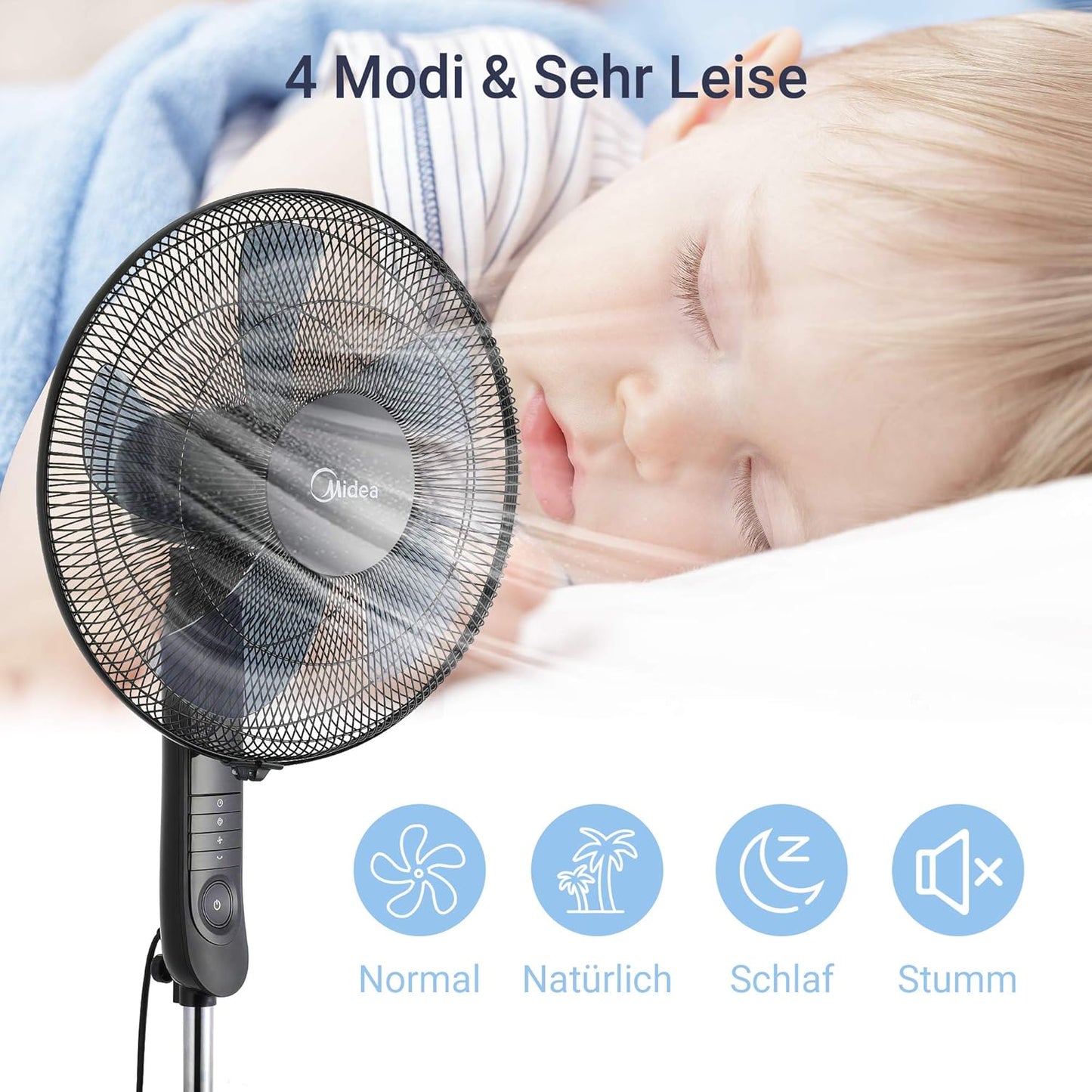Midea FS40-15FR Standventilator Leise mit Fernbedienung, 3 Geschwindigkeitsstufen,LED Anzeige, 7,5H Timer, höhenverstellbar, 80°Oszil-lationsfunktion, 55W Kraftvoller,Ventilator,Luftzirkulation