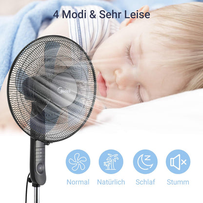 Midea FS40-15FR Standventilator Leise mit Fernbedienung, 3 Geschwindigkeitsstufen,LED Anzeige, 7,5H Timer, höhenverstellbar, 80°Oszil-lationsfunktion, 55W Kraftvoller,Ventilator,Luftzirkulation