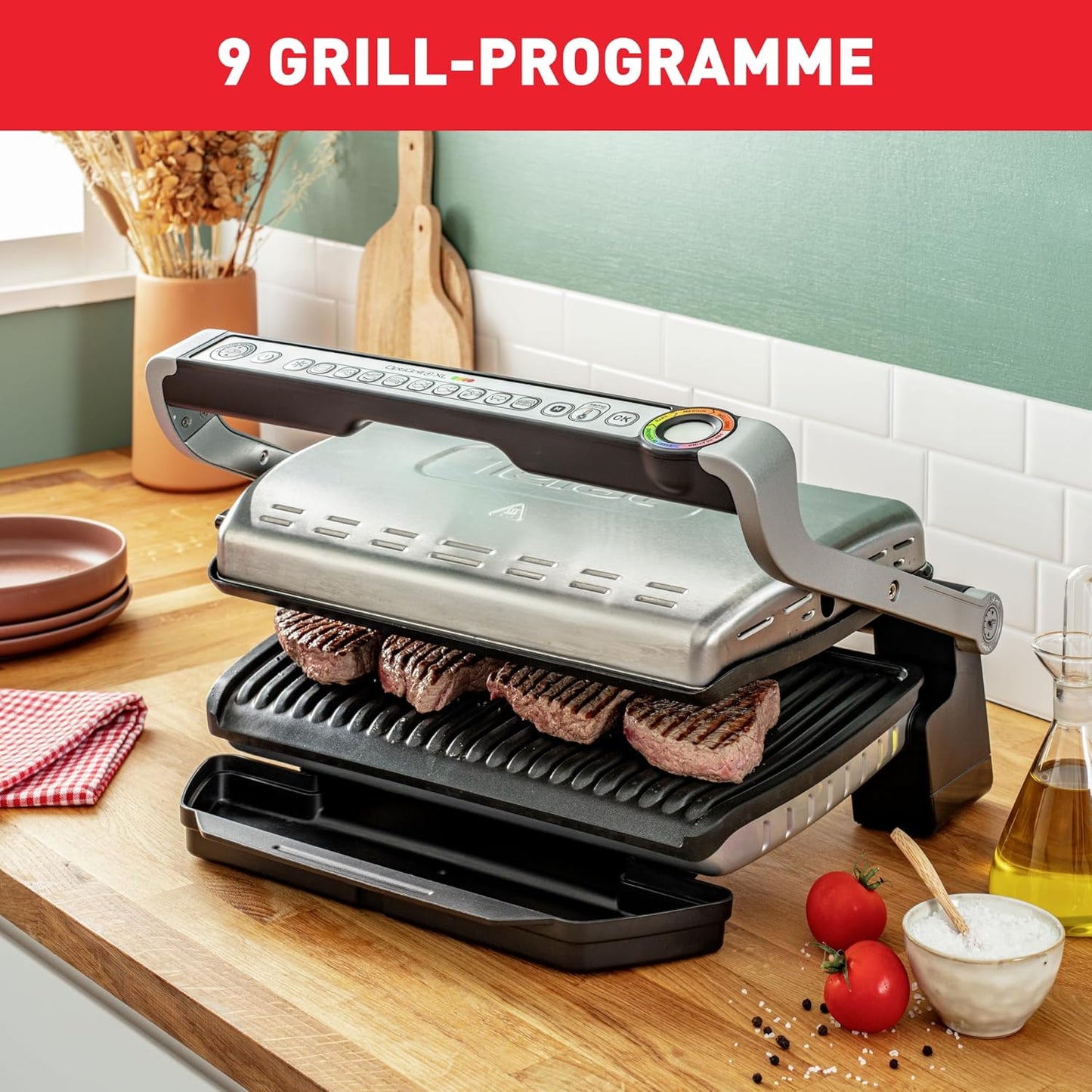 Tefal OptiGrill+ XL Kontaktgrill, 9 Programme, Garstufenanzeige, Abnehmbare XL-Platten, Manueller Modus, Elektrogrill, Edelstahl, GC722D16