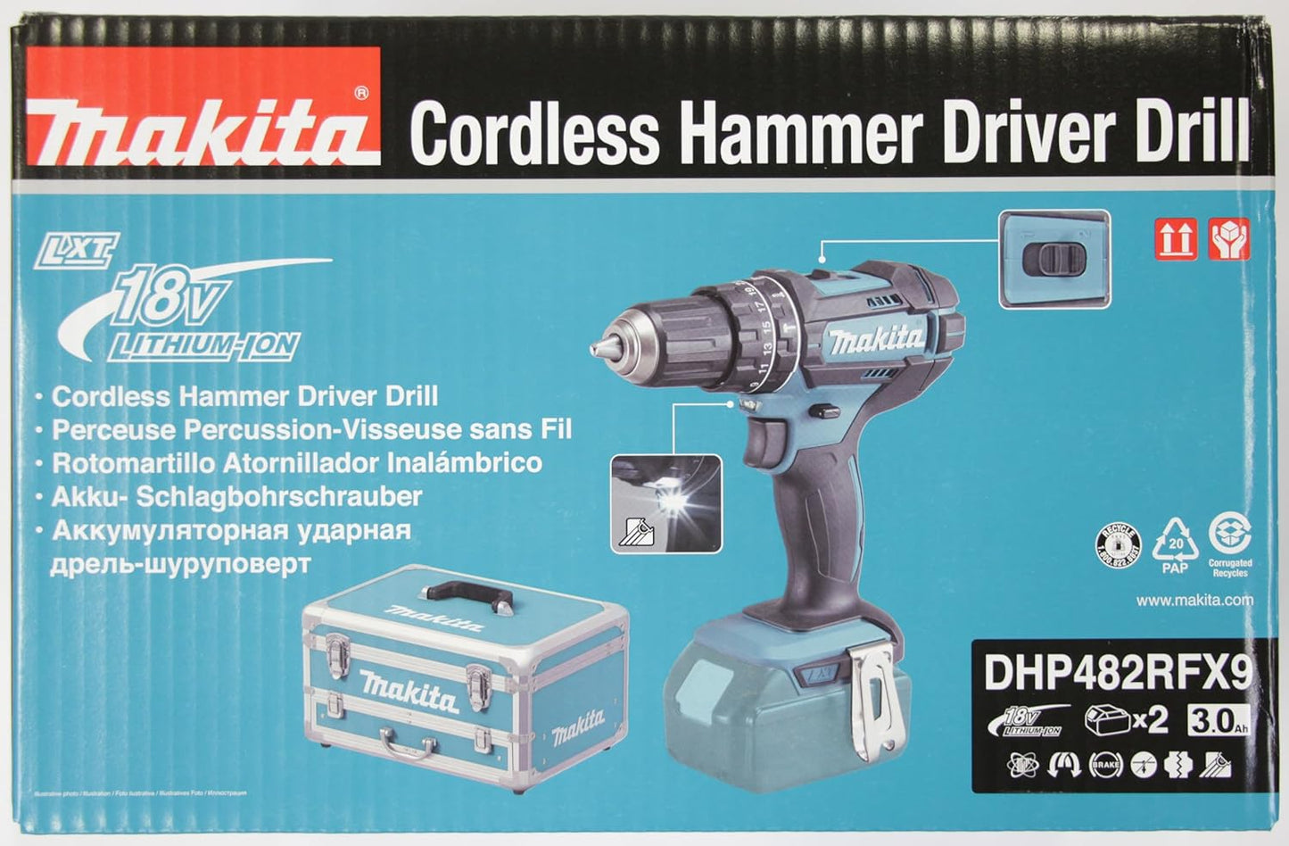 Makita DHP482RFX9 Schlagbohrschrauber 18V / 3,0 Ah, 2 Akkus plus Ladegerät im Alukoffer, Petrol, 96-tlg. Zubehör-Set