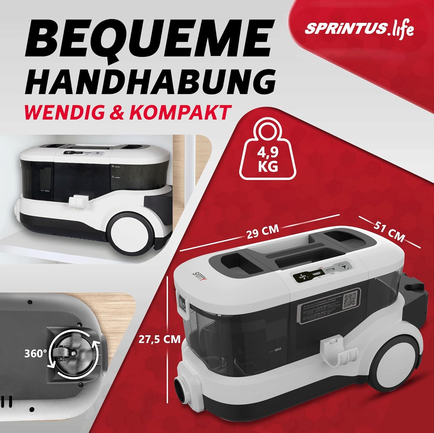 SPRiNTUS Nasssauger Polsterreiniger Gerät SPOTTY mit 170mbar Saugleistung für gründliche Reinigung von Teppich, Polster, Tierhaar, Auto & Hartboden I Hygienischer Teppichreiniger Waschsauger [67db]