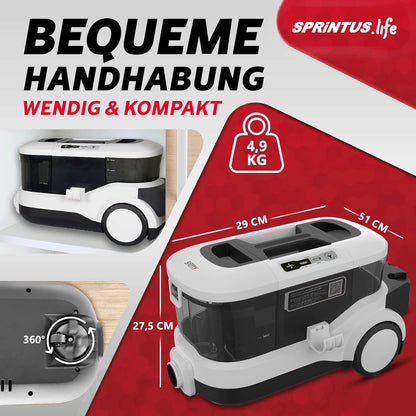 SPRiNTUS Nasssauger Polsterreiniger Gerät SPOTTY mit 170mbar Saugleistung für gründliche Reinigung von Teppich, Polster, Tierhaar, Auto & Hartboden I Hygienischer Teppichreiniger Waschsauger [67db]