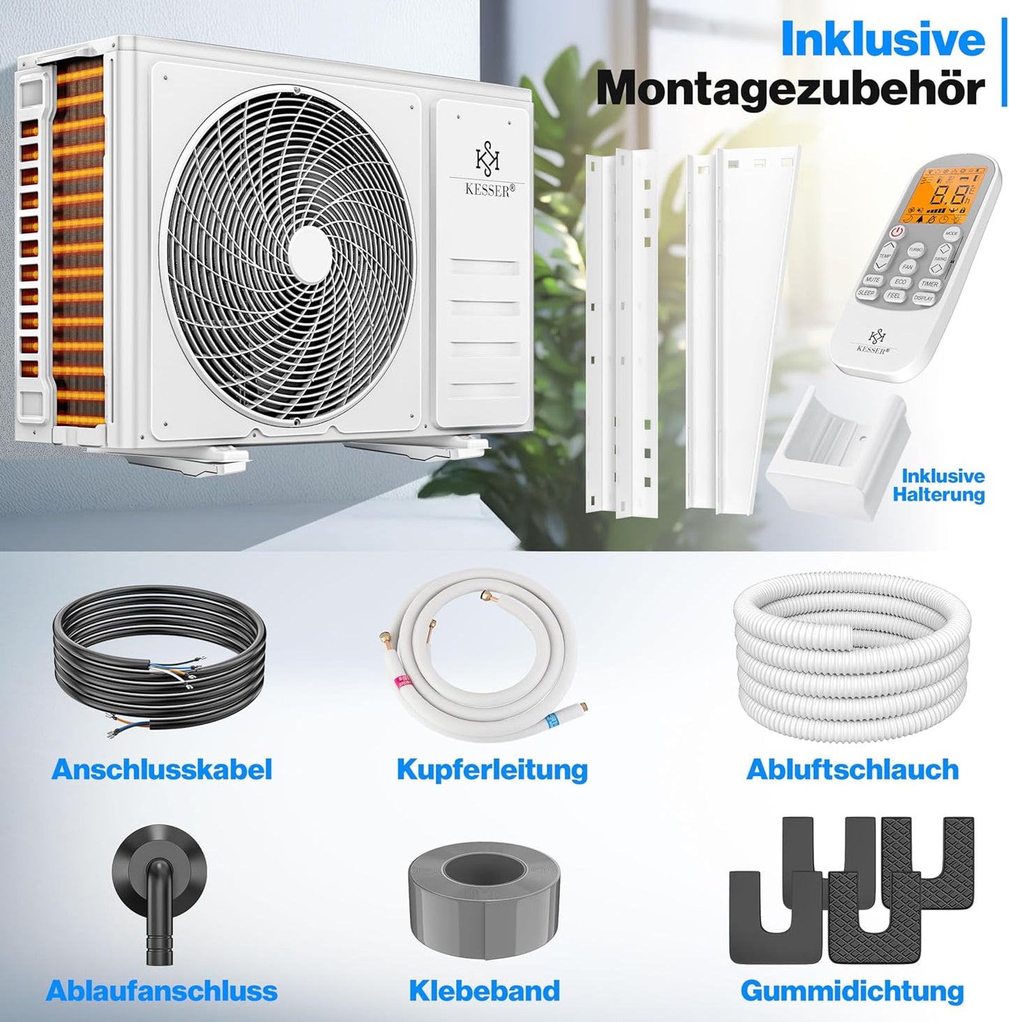 KESSER® Klimaanlage Set Split - mit WiFi/App Funktion Klimagerät - Kühlen A++/ Heizen A+ -12000 BTU/h (3.400 Watt) Kältemittel R32 - Fernbedienung, Timerfunktion - Inkl. komplettem Montagematerial