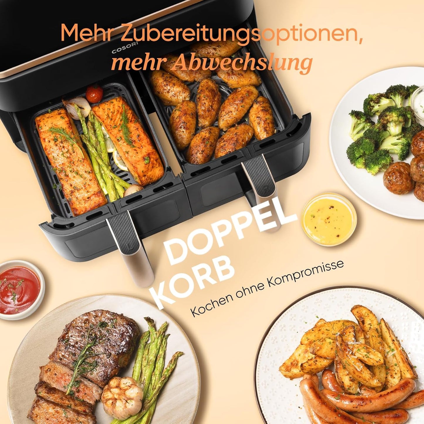 COSORI Heißluftfritteuse 2 Kammern, Airfryer Testsieger der Stiftung Warentest, 6-in-1 Dual Zone Air fryer 8,5 L, Heissluftfritteuse Doppelkammer mit Sichtfenster, energiesparend