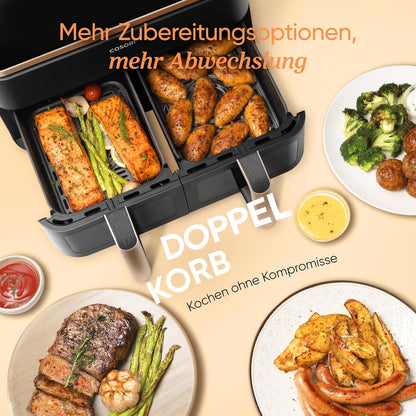 COSORI Heißluftfritteuse 2 Kammern, Airfryer Testsieger der Stiftung Warentest, 6-in-1 Dual Zone Air fryer 8,5 L, Heissluftfritteuse Doppelkammer mit Sichtfenster, energiesparend