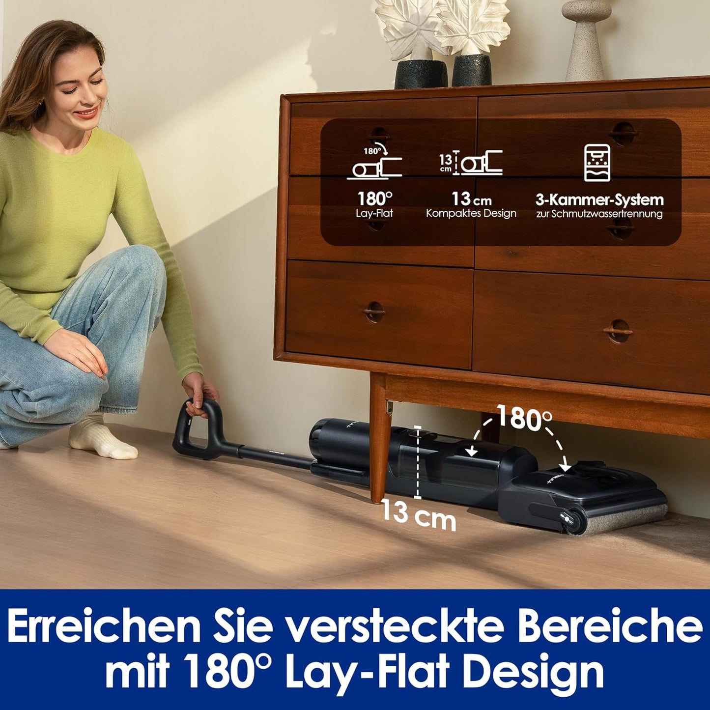 Tineco Floor ONE S7 Stretch Ultra Nass Trockensauger, 180° Lay-Flat Nasssauger, 85°C 5 Min Flashdry-Selbstreinige, 50 Min Laufzeit, DualBlock Anti-Tangle, Beide Kantenreinigen, Reinigen unter Möbeln