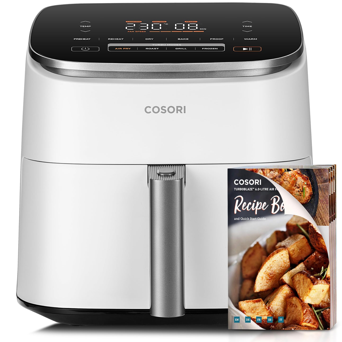 Cosori Turboblaze Airfryer Heißluftfritteuse, 9-in-1 Air Fryer XXL 6L, leiser DC Motor mit 5 Geschwindigkeitsstufen, Grillen, Backen, Gären, Dehydrieren, Tiefkühlen, 87 Rezepte, 64% energiesparend