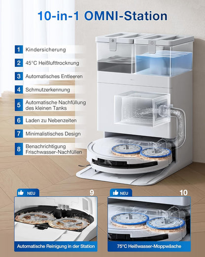 ECOVACS DEEBOT T50 Omni Saugroboter mit Wischfunktion,15.000 Pa, T30 Omni-Upgrade, Ausziehbare Seitenbürste und Mopp, ZeroTangle 2.0, Moppwäsche mit 75°C heißem Wasser, All-in-One Station